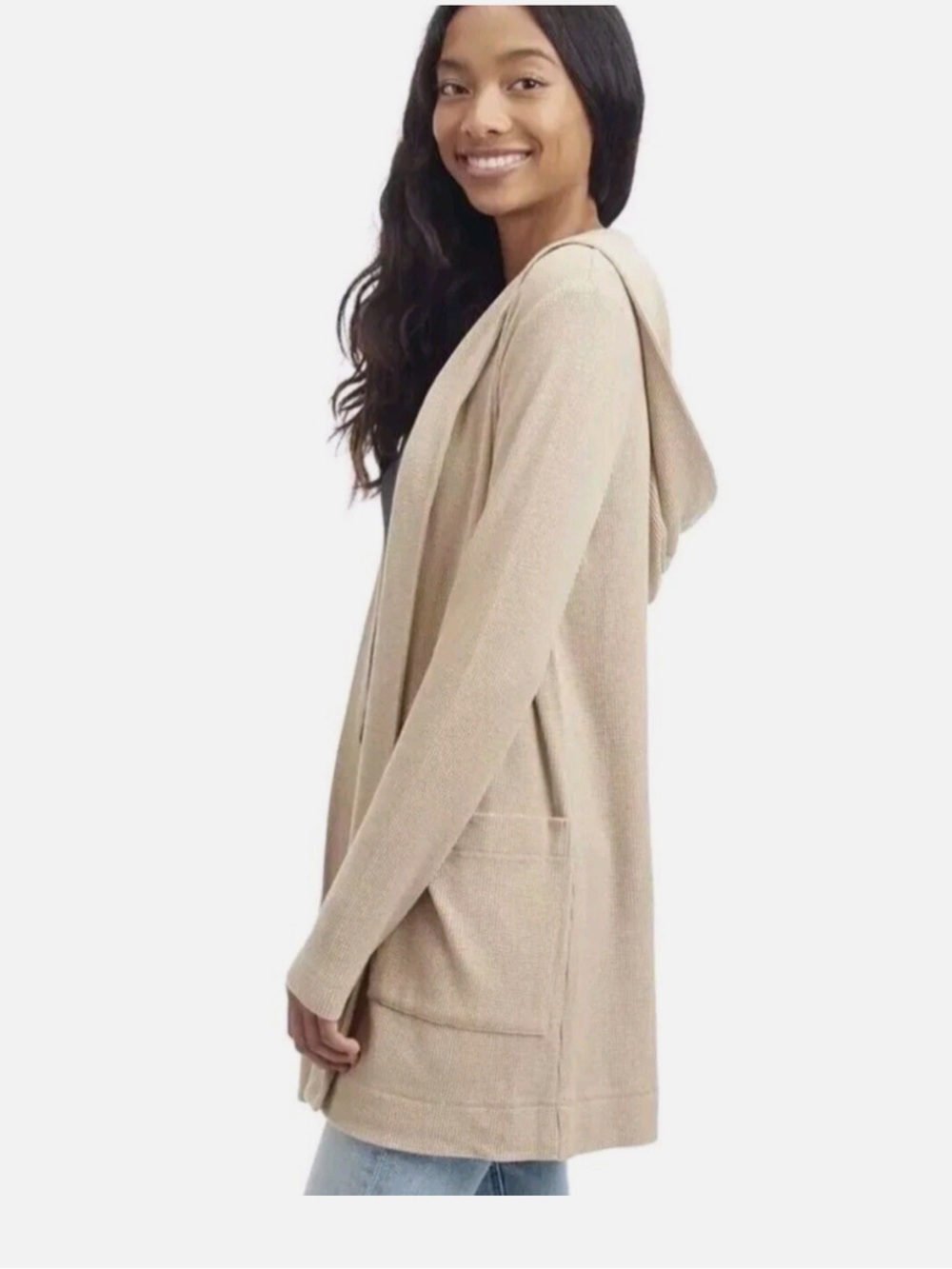 Splendid Beige Hooded Open-Front waffle knit cardigan hooded with pockets small